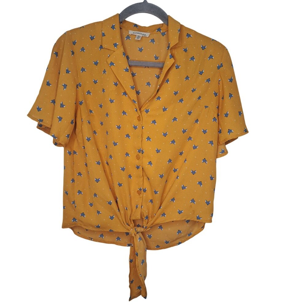 Monteau Short Sleeved Tie Front Blouse Fox Wolf Wolves Size Small